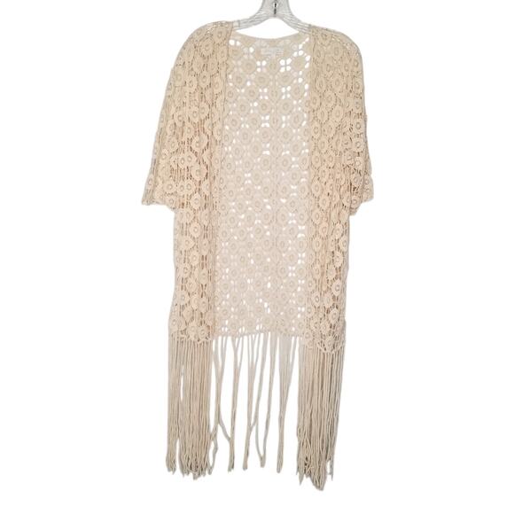 Rebellion again Crochet Fringed Lace Cardigan Duster Large Ivory Boho Festival - Picture 8 of 8